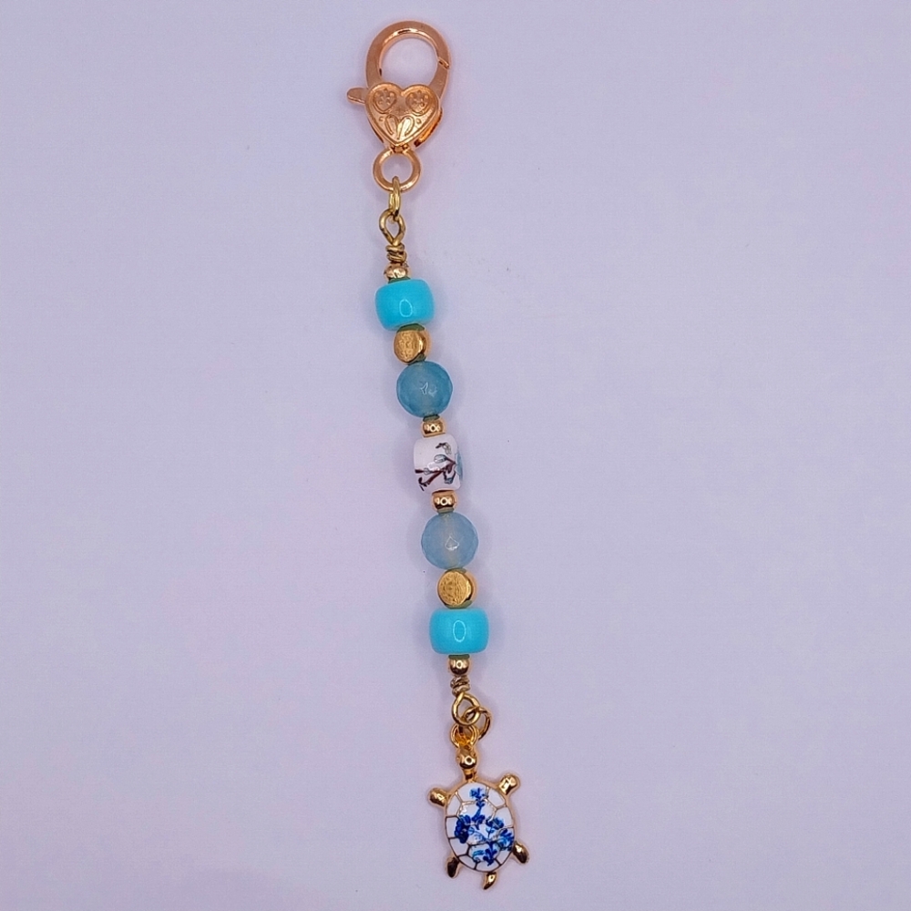 Handmade Beaded Turtle Zipper Pull Keys Bag Purse Wristlet Charm Floral Gold